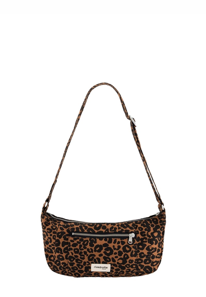 Sac à bandoulière imprimé léopard en tissu marron et noir, doté d'un compartiment zippé, d'une sangle réglable et d'une étiquette de marque à l'avant.