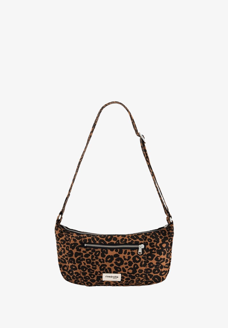 Sac à bandoulière imprimé léopard en tissu marron et noir, doté d'un compartiment zippé, d'une sangle réglable et d'une étiquette de marque à l'avant.