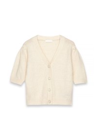 Krämfärgad kortärmad stickad cardigan med V-ringning och fyra tygklädda knappar fram.
