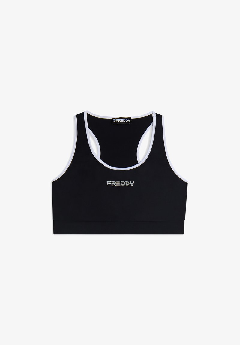 Soutien-gorge de sport noir pour femme avec un dos nageur, doté de finitions blanches et du logo "FREDDY" en finition argentée à l'avant. Tissu doux et extensible.