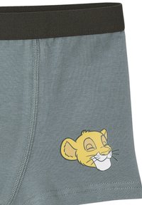 Light blue-green boxer shorts with a dark waistband, featuring a yellow cartoon lion face printed on the side. Smooth fabric texture.