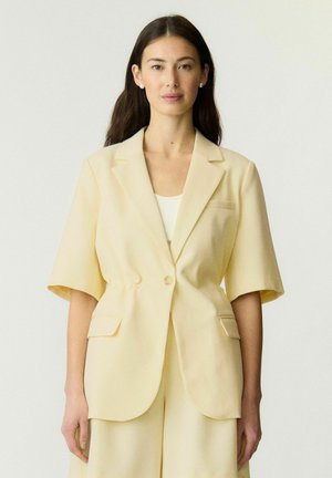 Kvinne med langt mørkt hår iført en lys gul kortermet blazer og matchende høytlivsbukser mot en ensfarget bakgrunn.