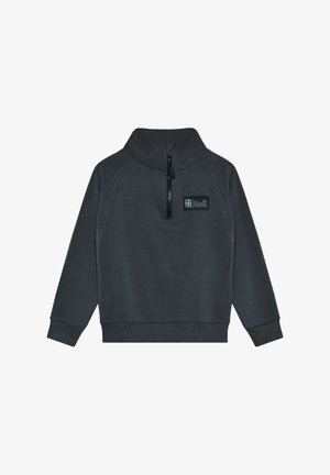Donkergrijze pullover met een hoge kraag en een halve ritssluiting, voorzien van raglanmouwen en een klein merklabel op de borst.