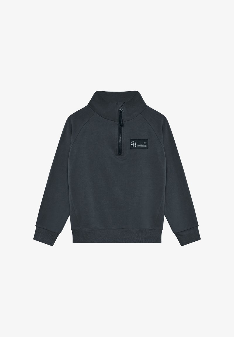 Felpa pullover grigio scuro con collo alto e mezza cerniera, caratterizzata da maniche raglan e una piccola etichetta con marchio sul petto.