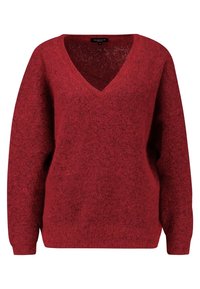 Czerwony sweter z długim rękawem i dekoltem w serek, wykonany z miękkiej, teksturowanej dzianiny, z prążkowanymi mankietami i dolnym brzegiem.