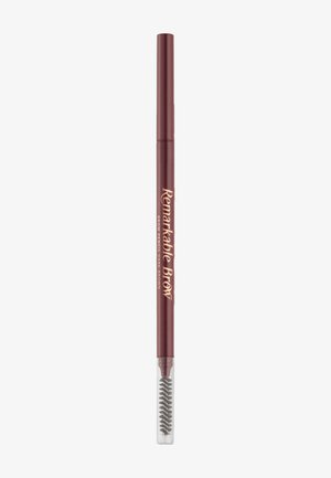Dark brown eyebrow pencil with a twist-up mechanism, featuring a clear spoolie brush on one end for blending and defining eyebrow shape.