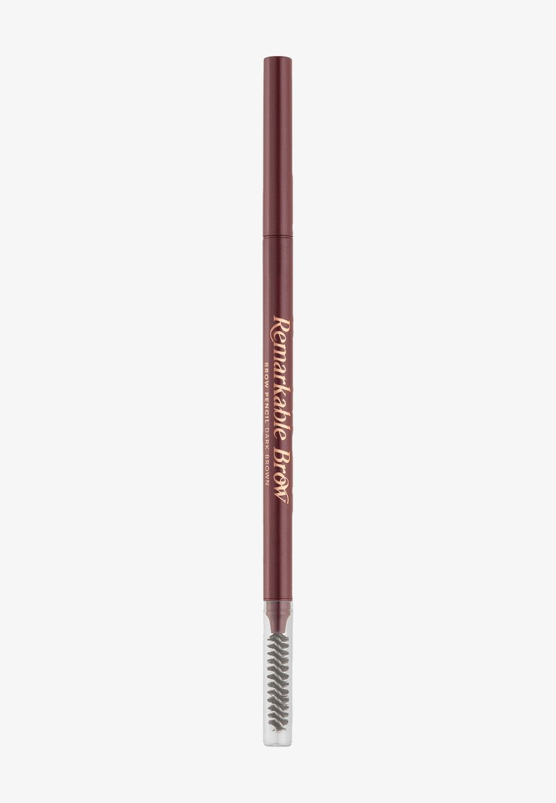Crayon à sourcils marron foncé avec un mécanisme à rotation, doté d'une brosse spoolie transparente à une extrémité pour estomper et définir la forme des sourcils.