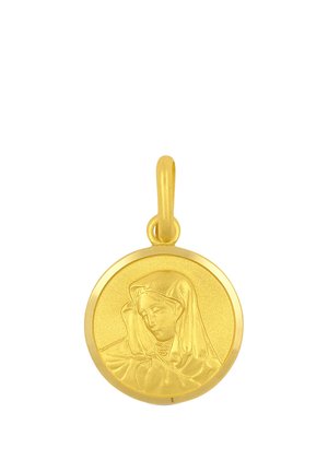 Runder goldener Anhänger, graviert mit dem ernsten Gesicht einer Frau mit Kopftuch, befestigt an einer Öse für eine Kette.