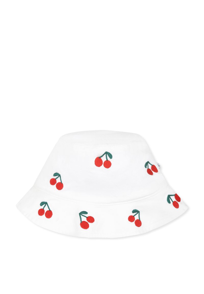 Cappello a secchiello bianco in cotone con ricamo di ciliegie rosse e foglie verdi. Presenta una visiera larga e floppy e una finitura testurizzata.