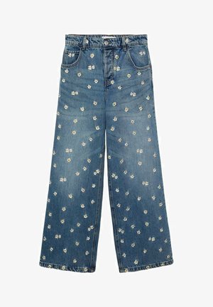 Blue denim wide-leg jeans featuring a floral embroidery pattern with small daisies scattered across the fabric.