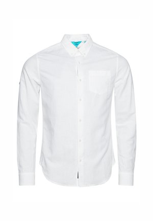 Witte lange mouwen button-up shirt gemaakt van lichtgewicht stof, met een pocket op de linkerkant van de borst en knopen aan de voorkant.