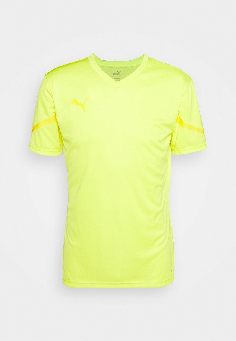 Maglietta sportiva Puma di colore giallo brillante, maniche corte, design a V con dettagli in tonalità simile e logo sul lato sinistro del petto e sulla manica. Tessuto morbido al tatto.