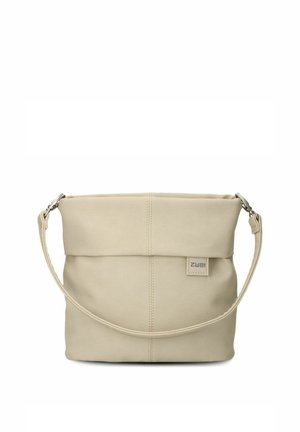 Beige Leder-Schultertasche mit breitem Träger, klappbarem Oberteil, vertikaler Naht und kleinem rechteckigem Markenzeichen mit der Aufschrift „Zwei“.