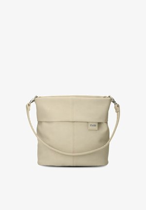 Beige Leder-Schultertasche mit breitem Träger, klappbarem Oberteil, vertikaler Naht und kleinem rechteckigem Markenzeichen mit der Aufschrift „Zwei“.