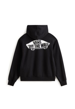Czarna bluza z kapturem z miękkiego materiału, z dużym białym logo "VANS OFF THE WALL" na plecach. Posiada kaptur ze sznurkiem i ściągacze na rękawach.