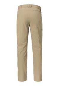 Beige Outdoor-Hosen aus leichtem Material. Mit geradem Schnitt, sicherem Gesäßtasche und dezentem Logo am Bein.