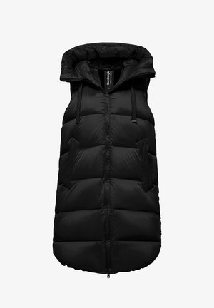 Chaleco acolchado negro con cuello alto, cremallera frontal y bolsillos laterales. Hecho de tela lisa con una textura ligeramente brillante y cordones ajustables.