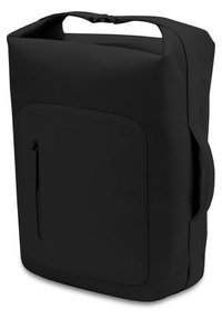 Black backpack made of durable material, featuring a smooth texture, rectangular shape, front zippered pocket, and a handle on top.