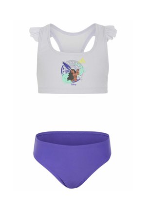 Top corto bianco con grafica Disney Moana e maniche arricciate abbinato a slip bikini viola tinta unita.