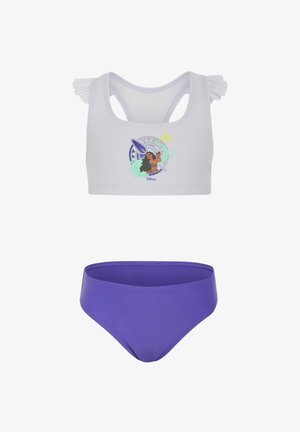 Top corto bianco con grafica Disney Moana e maniche arricciate abbinato a slip bikini viola tinta unita.