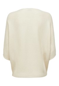 Cream draped knit sweater with a ribbed texture, wide sleeves, and a rounded hem, featuring a smooth, lightweight fabric.