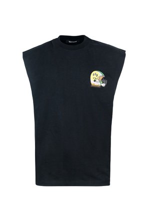 Canotta nera senza maniche con una grafica di un casco giallo da cartone animato sul lato sinistro del petto. Realizzata in cotone con una texture morbida.