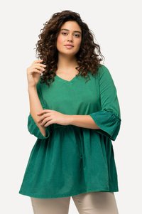Grünes, locker sitzendes Oberteil aus weichem Stoff, mit V-Ausschnitt, Dreiviertelärmeln mit gerafften Manschetten und tailliertem Bund.