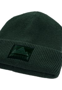 Zelená pletená čepice s žebrovanou strukturou a ohrnutým lemem, s černou nášivkou s grafickým motivem hor.