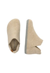 Beige filt slippers med et struktureret design, grå gummisål, lav ankelfacon og en udskæring på siden for nem påføring.