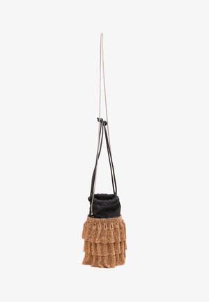 Perlekuglet håndtaske med en sort snørretops og en guldfarvet, lagdelt frynse lavet af perler. Har en kædestrop og en blød stofbund.