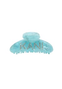 Aqua blue hair clip with a marbled finish, featuring the word “KANI” in rhinestones. Designed with teeth for secure grip.