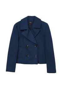 Veste bleu marine croisée avec de grands revers, deux poches avant, et boutons noirs. Fabriquée dans un tissu lisse et structuré.