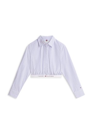 Blauw-wit gestreept cropped shirt met lange mouwen, kraag en elastische tailleband met Tommy Hilfiger-logo.