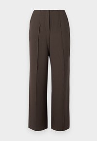 Pantaloni marroni a gamba larga con vita alta e pieghe frontali. Tessuto liscio con una finitura pulita e una discreta cerniera sul retro.