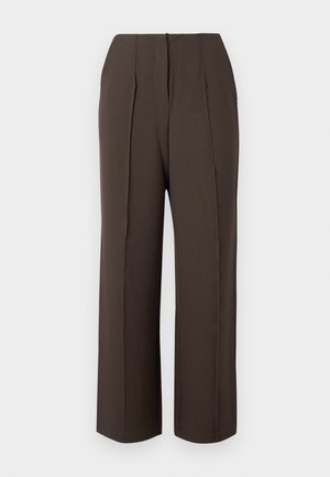 Brune, vide bukser med høj talje og frontfolder. Glat stof med en ren finish og subtil detalje med lynlås på bagsiden.
