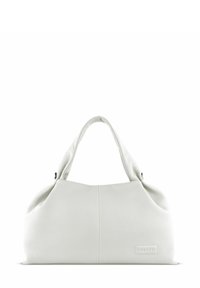 Sac à main en cuir blanc avec une surface douce et texturée, présentant un design souple, des poignées doubles arrondies et un détail de logo subtil.