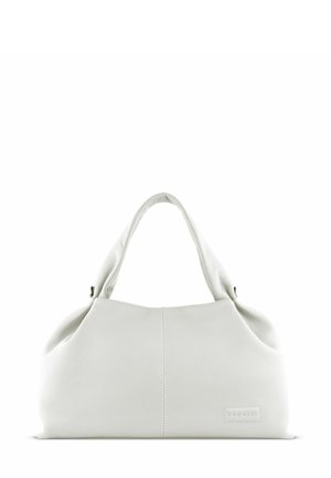Weißer Lederhandtasche mit einer weichen, strukturierten Oberfläche, die ein lässiges Design, abgerundete Doppelgriffe und ein dezentes Logodetail aufweist.