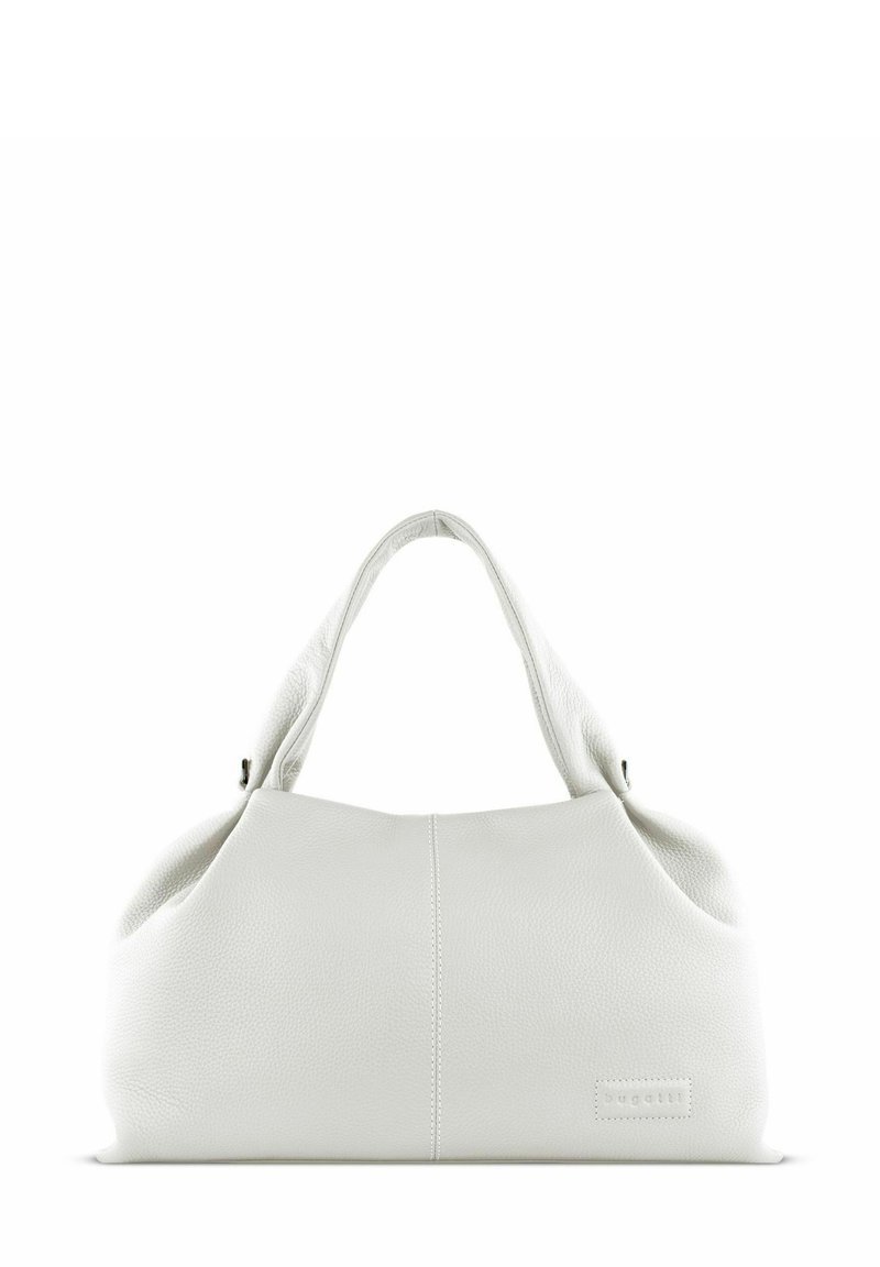 Sac à main en cuir blanc avec une surface douce et texturée, présentant un design souple, des poignées doubles arrondies et un détail de logo subtil.