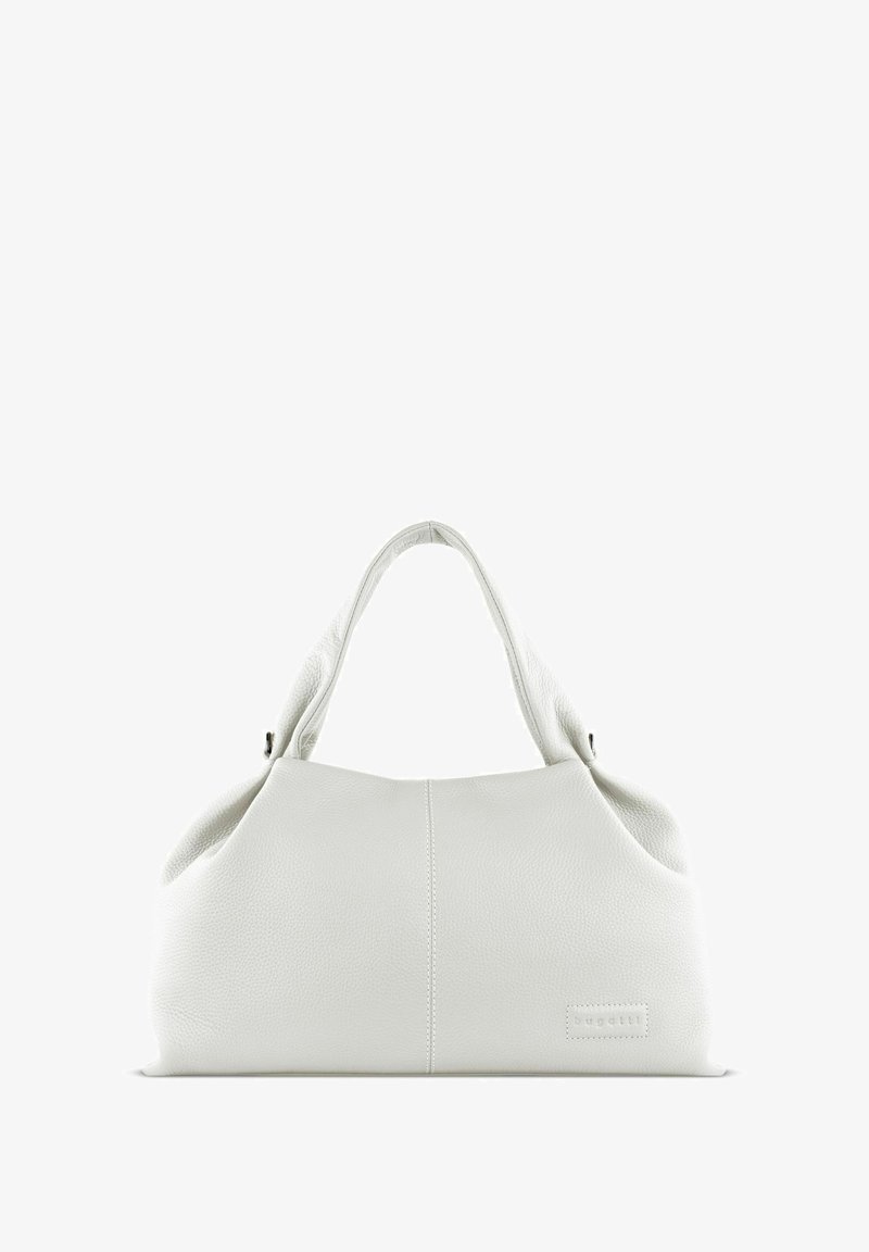 Sac à main en cuir blanc avec une surface douce et texturée, présentant un design souple, des poignées doubles arrondies et un détail de logo subtil.