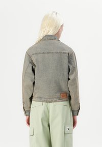 Cropped denim jacket in faded grey with a buttoned collar, long sleeves, and a leather label at the back, paired with light green trousers.