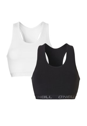 Twee sport-bh's, één wit en één zwart, met een racerback-ontwerp en een elastische band met "O'Neill" in het grijs aan de onderkant.