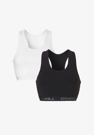 Twee sport-bh's, één wit en één zwart, met een racerback-ontwerp en een elastische band met "O'Neill" in het grijs aan de onderkant.