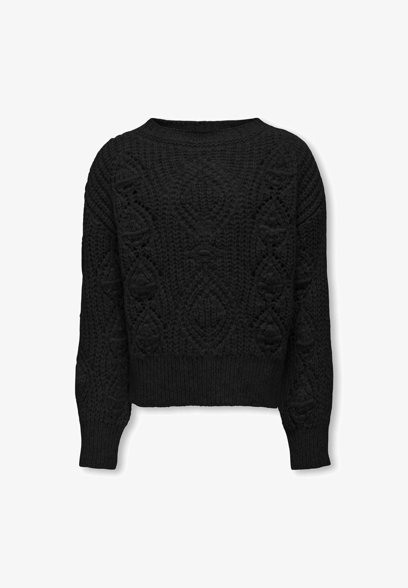 Črna pletena jopica z teksturiranim vzorcem in geometrijskimi oblikami, okrogli izrez, dolgi rokavi in skrajšana silhueta.