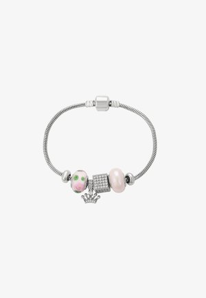 Silberne Charm-Armbanduhr mit pinkfarbenen Glasperlen, einem Akzent aus Zirkonia, einer glatten pinken Perle und einem Kronen-Charm. Abgeschlossen mit einer flexiblen Kette.