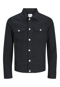 Svart denimjacka med knappstängning fram, två knäppte bröstfickor, långa ärmar och en klassisk krage.