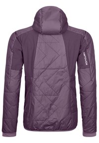 Purple insulated jacket with a hood, featuring a quilted pattern, and contrasting fabric on sides. Logo located on the left sleeve.
