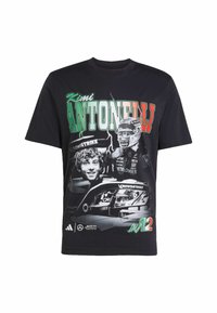 Black cotton t-shirt featuring graphic design with images and text, including "Kimi Antonelli" and "Crowdstrike," in green and red accents.