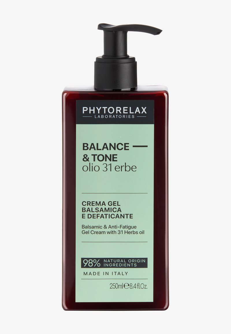 Phytorelax Balance & Tone balsamiczny krem-żel antyzmęczeniowy z olejami z 31 ziół, butelka z pompką 250 ml, 98% składników naturalnych, wyprodukowane we Włoszech.