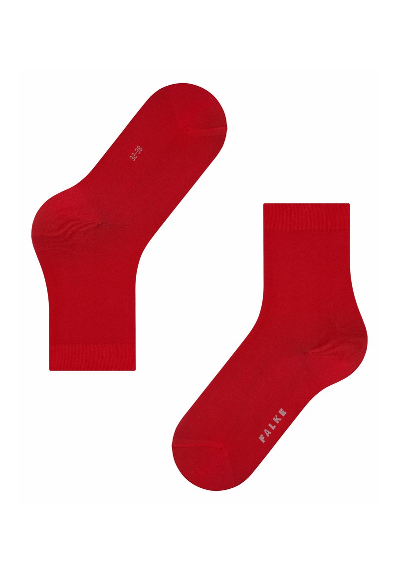 Calzini alla caviglia in cotone rosso caratterizzati da una texture liscia, tallone sagomato e punta rinforzata. Taglia contrassegnata 32-38; nome del brand "FALKE" stampato sul lato.
