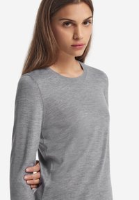 Grauer Langarmpullover aus weichem, strukturierter Stoff. Hat einen runden Ausschnitt und eine taillierte Passform, mit sichtbaren Nähten an den Schultern.